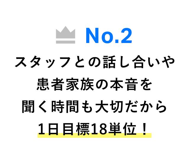 No.2 スタッフとの話し合いや患者家族の本音を聞く時間も大切だから1日目標18単位！